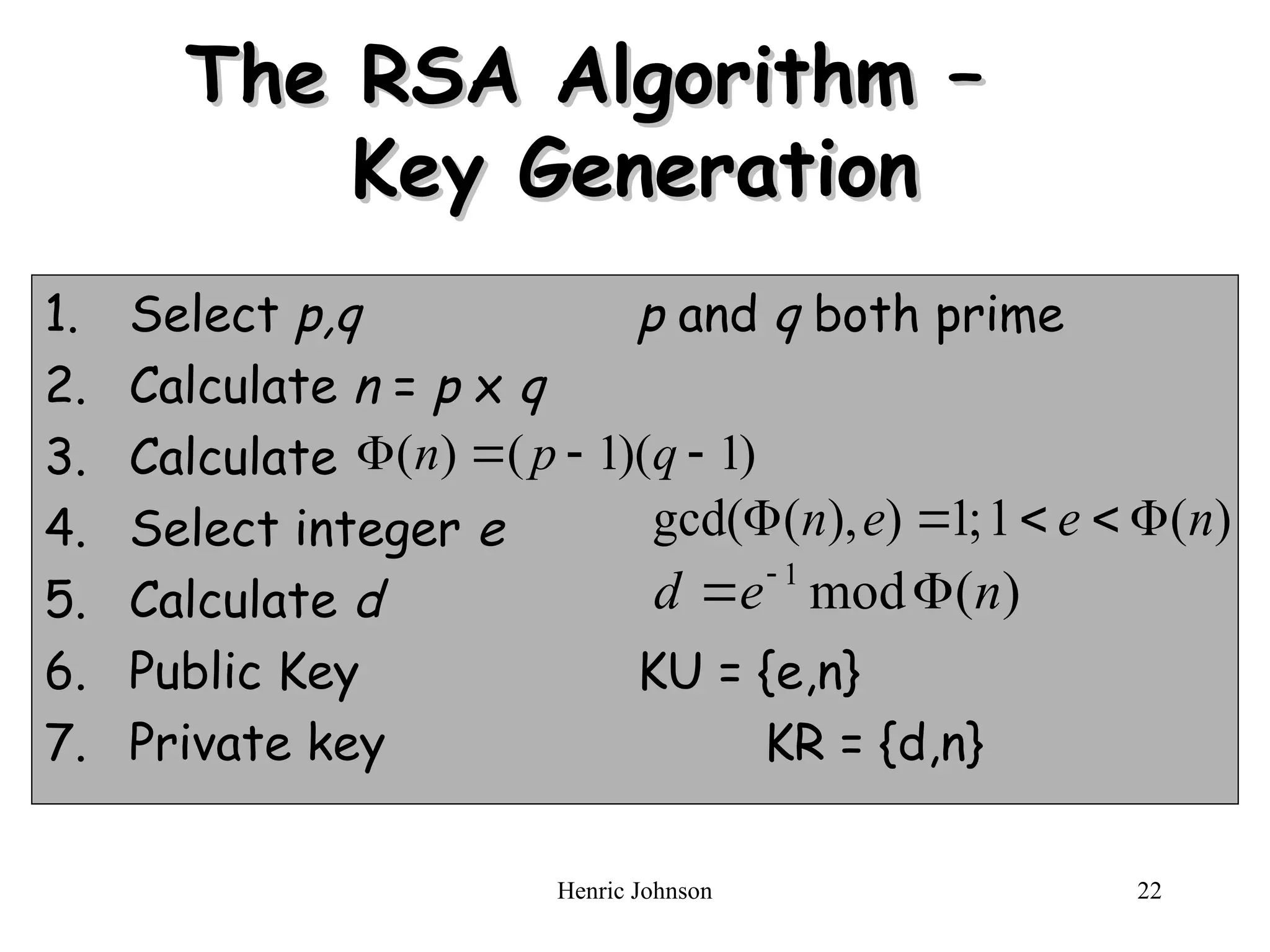 Henric Johnson 22
The RSA Algorithm –
The RSA Algorithm –
Key Generation
Key Generation
1. Select p,q p and q both prime
2. Calculate n = p x q
3. Calculate
4. Select integer e
5. Calculate d
6. Public Key KU = {e,n}
7. Private key KR = {d,n}
)
1
)(
1
(
)
( 


 q
p
n
)
(
1
;
1
)
),
(
gcd( n
e
e
n 




)
(
mod
1
n
e
d 
 
 