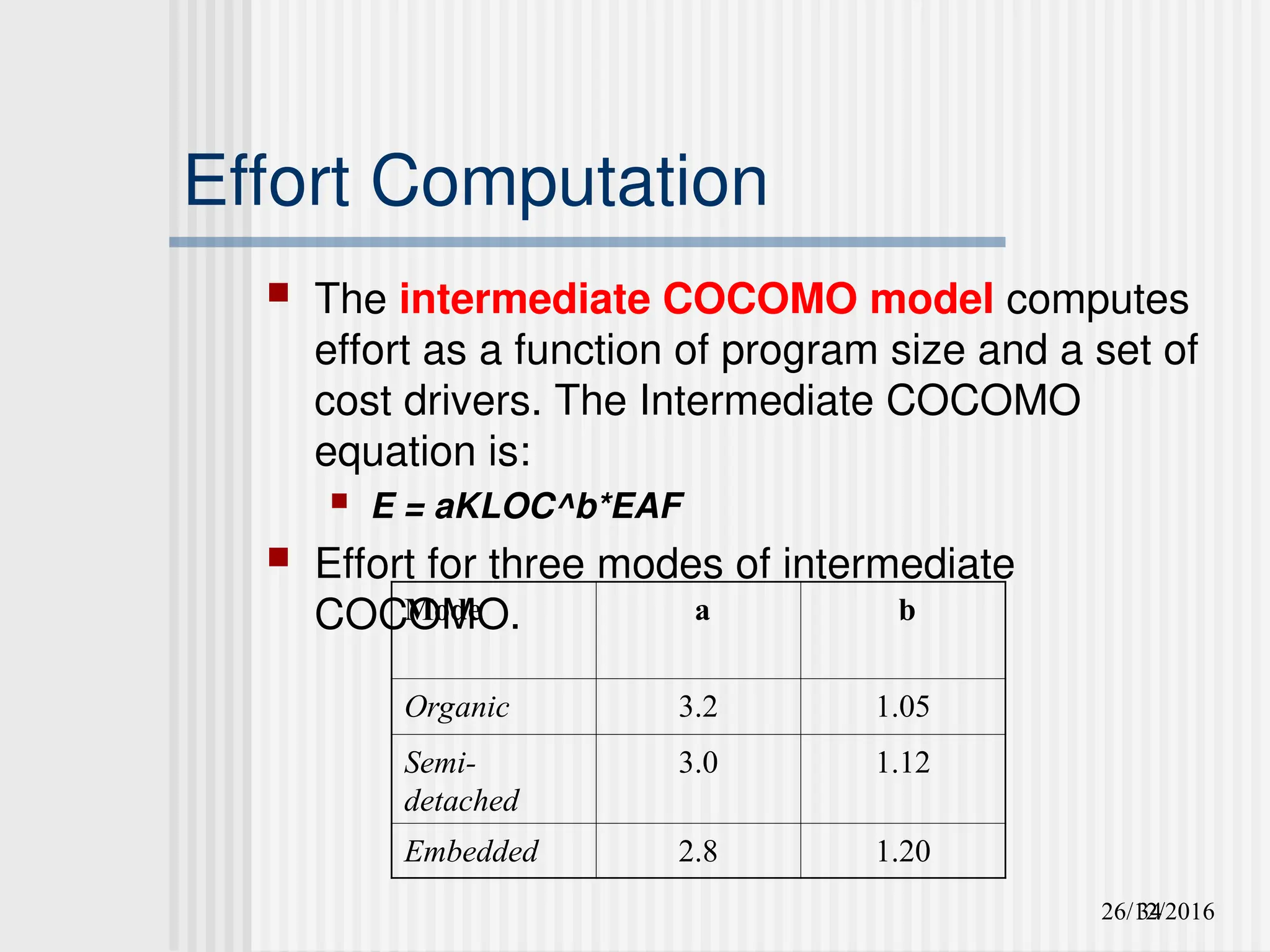 26/12/2016
34
Effort Computation
 The intermediate COCOMO model computes
effort as a function of program size and a set of
cost drivers. The Intermediate COCOMO
equation is:
 E = aKLOC^b*EAF
 Effort for three modes of intermediate
COCOMO.
Mode a b
Organic 3.2 1.05
Semi-
detached
3.0 1.12
Embedded 2.8 1.20
 