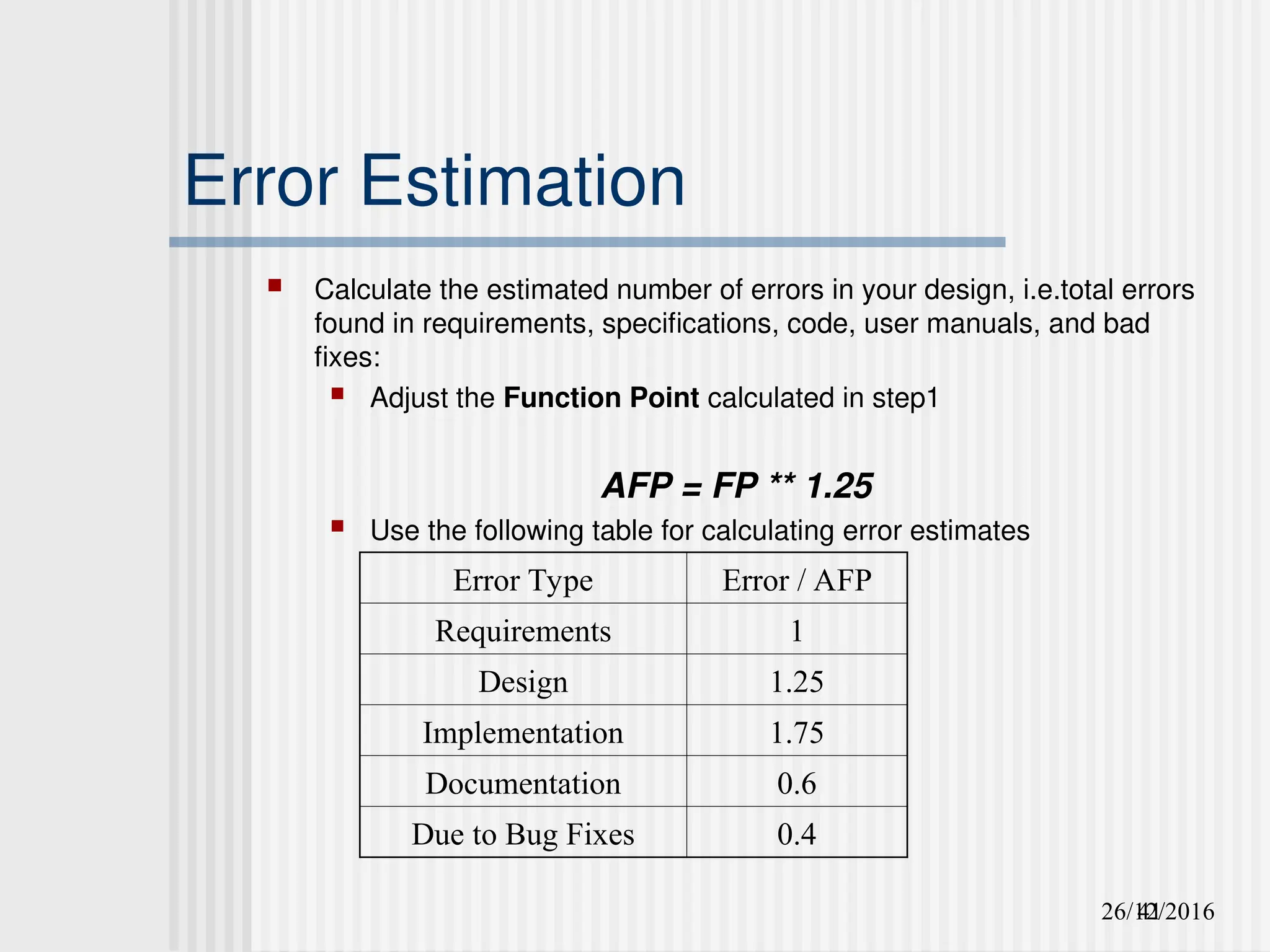 26/12/2016
41
Error Estimation
 Calculate the estimated number of errors in your design, i.e.total errors
found in requirements, specifications, code, user manuals, and bad
fixes:
 Adjust the Function Point calculated in step1
AFP = FP ** 1.25
 Use the following table for calculating error estimates
Error Type Error / AFP
Requirements 1
Design 1.25
Implementation 1.75
Documentation 0.6
Due to Bug Fixes 0.4
 
