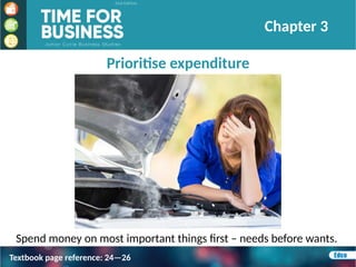 Prioritise expenditure
Spend money on most important things first – needs before wants.
Chapter 3
Textbook page reference: 24—26
 