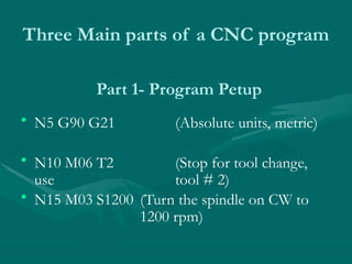 Three Main parts of a CNC program
• N5 G90 G21 (Absolute units, metric)
• N10 M06 T2 (Stop for tool change,
use tool # 2)
• N15 M03 S1200 (Turn the spindle on CW to
1200 rpm)
Part 1- Program Petup
 