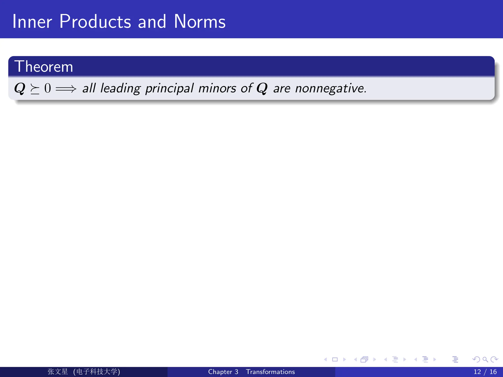 Inner Products and Norms
Theorem
Q  0 =⇒ all leading principal minors of Q are nonnegative.
Ü©( (f‰EŒÆ) Chapter 3 Transformations 12 / 16
 