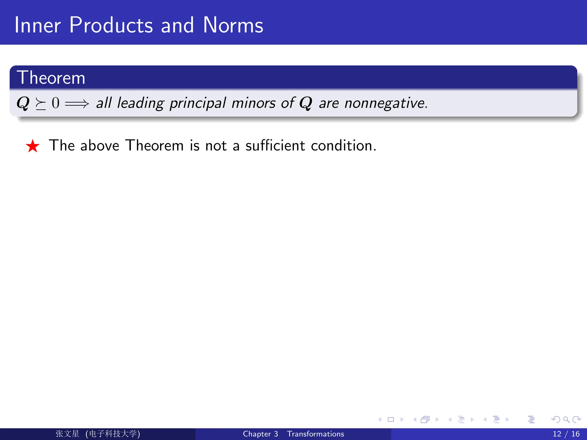 Inner Products and Norms
Theorem
Q  0 =⇒ all leading principal minors of Q are nonnegative.
F The above Theorem is not a sufficient condition.
Ü©( (f‰EŒÆ) Chapter 3 Transformations 12 / 16
 