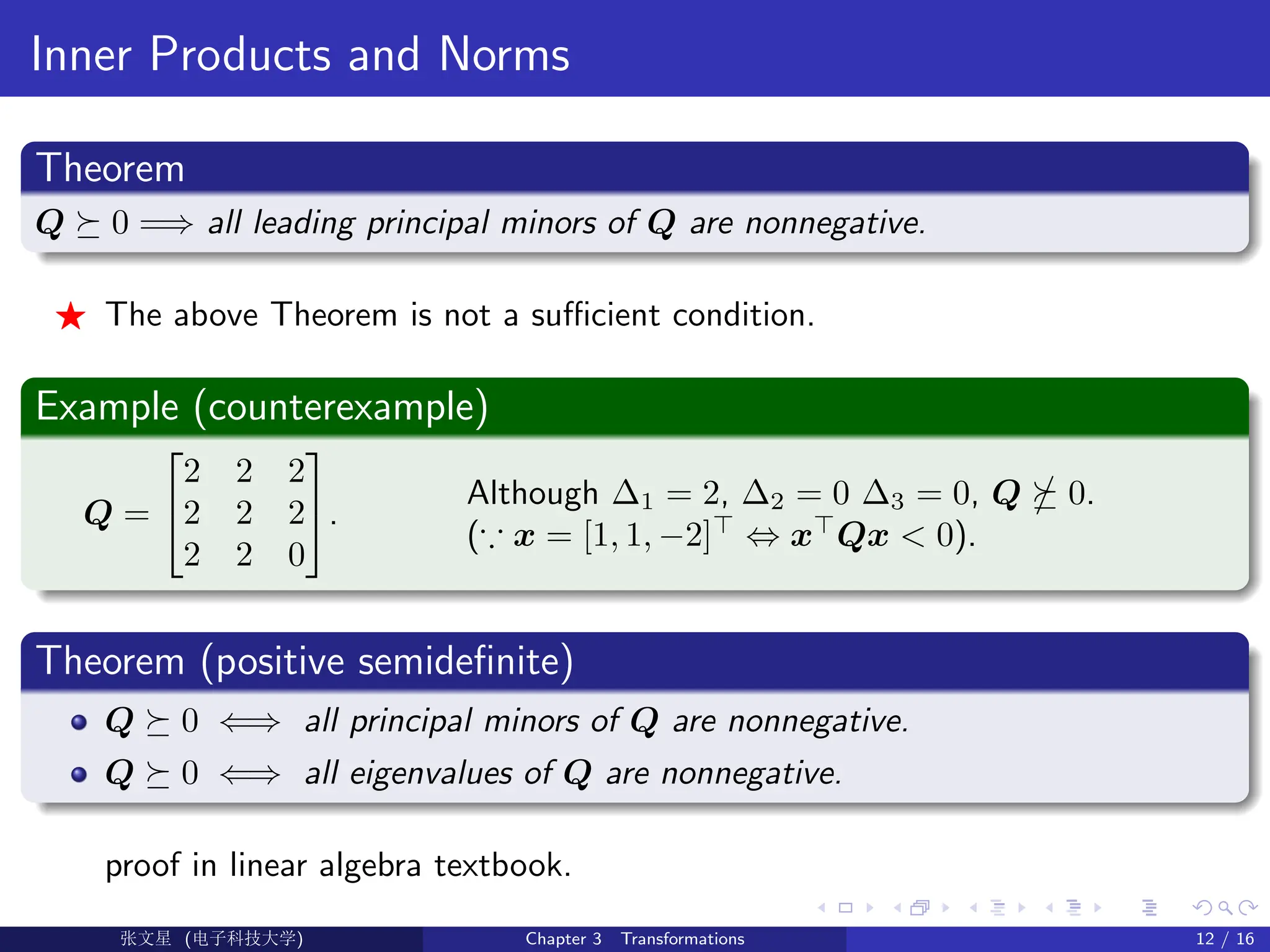 Inner Products and Norms
Theorem
Q  0 =⇒ all leading principal minors of Q are nonnegative.
F The above Theorem is not a sufficient condition.
Example (counterexample)
Q =


2 2 2
2 2 2
2 2 0

.
Although ∆1 = 2, ∆2 = 0 ∆3 = 0, Q  0.
(∵ x = [1, 1, −2]
⇔ x
Qx  0).
Theorem (positive semidefinite)
Q  0 ⇐⇒ all principal minors of Q are nonnegative.
Q  0 ⇐⇒ all eigenvalues of Q are nonnegative.
proof in linear algebra textbook.
Ü©( (f‰EŒÆ) Chapter 3 Transformations 12 / 16
 