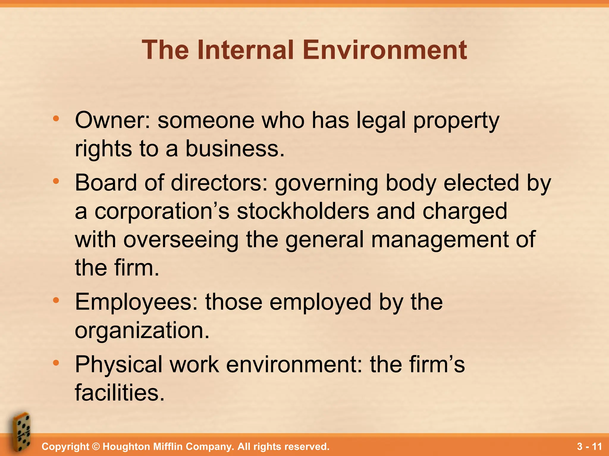 Copyright © Houghton Mifflin Company. All rights reserved. 3 - 11
The Internal Environment
• Owner: someone who has legal property
rights to a business.
• Board of directors: governing body elected by
a corporation’s stockholders and charged
with overseeing the general management of
the firm.
• Employees: those employed by the
organization.
• Physical work environment: the firm’s
facilities.
 