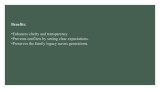 Benefits:
•Enhances clarity and transparency.
•Prevents conflicts by setting clear expectations.
•Preserves the family legacy across generations.
 