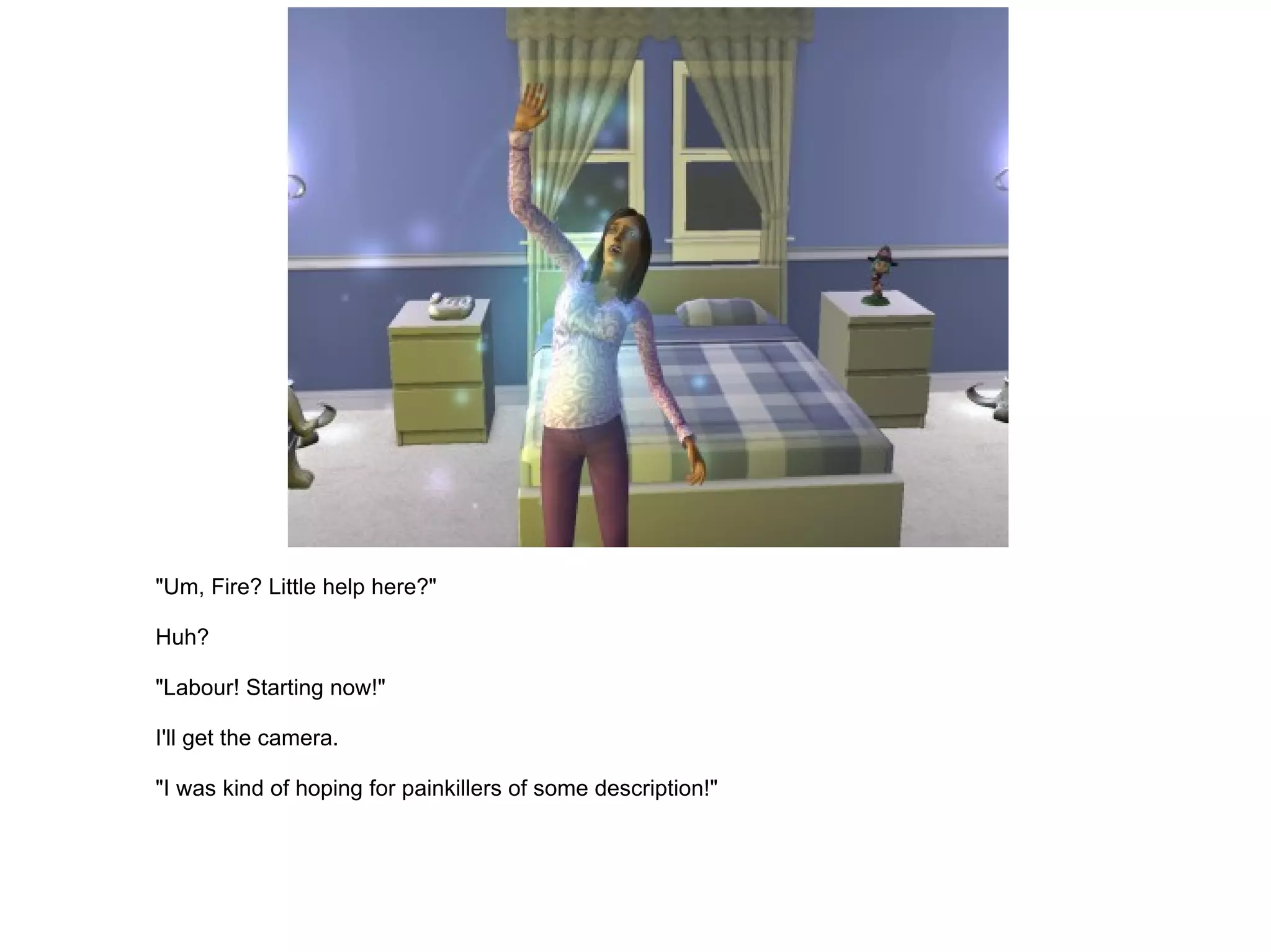 "Um, Fire? Little help here?" Huh? "Labour! Starting now!" I'll get the camera. "I was kind of hoping for painkillers of some description!" 