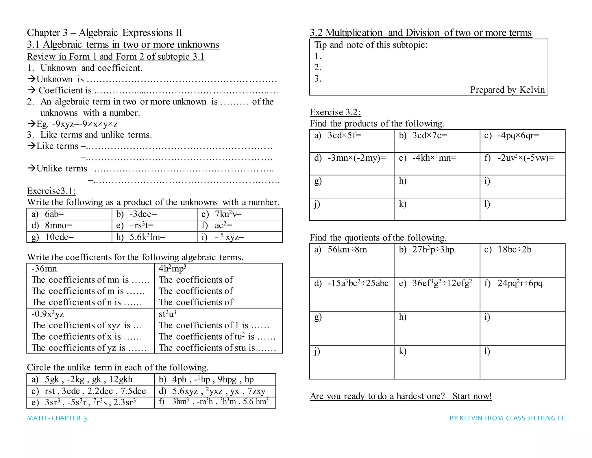 Mathematics Form 1-Chapter 5-6 Algebraic Expression Linear Equations ...