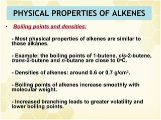 PHYSICAL PROPERTIES OF ALKENES Boiling points and densities: - Most physical properties of alkenes are similar to those alkanes. - Example: the boiling points of 1-butene,  cis -2-butene,  trans -2-butene and  n -butane are close to 0 o C. - Densities of alkenes: around 0.6 or 0.7 g/cm 3 . - Boiling points of alkenes increase smoothly with molecular weight. - Increased branching leads to greater volatility and lower boiling points. 