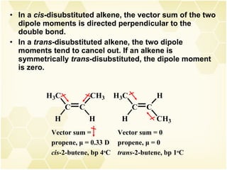 In a  cis -disubstituted alkene, the vector sum of the two dipole moments is directed perpendicular to the double bond. In a  trans -disubstituted alkene, the two dipole moments tend to cancel out. If an alkene is symmetrically  trans -disubstituted, the dipole moment is zero.  Vector sum =  propene,  μ  = 0.33 D cis -2-butene, bp 4 o C Vector sum = 0 propene,  μ  = 0 trans -2-butene, bp 1 o C 