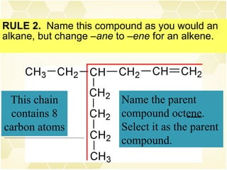 RULE 2.  Name this compound as you would an alkane, but change  –ane  to  –ene  for an alkene. This is the longest continuous chain. Select it as the parent compound. Name the parent compound octene. This chain contains 8 carbon atoms 