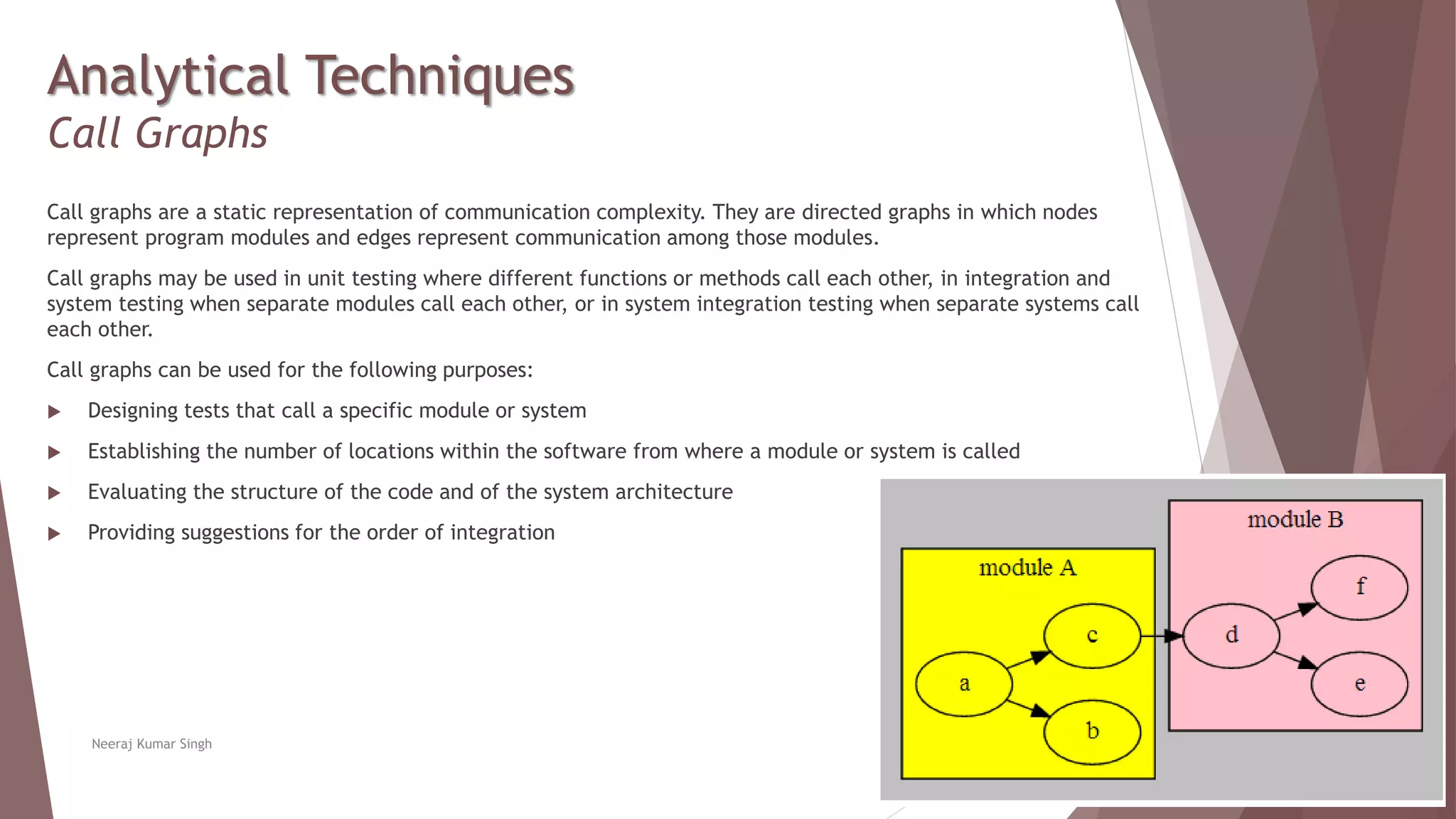 Analytical Techniques
Call Graphs
Call graphs are a static representation of communication complexity. They are directed graphs in which nodes
represent program modules and edges represent communication among those modules.
Call graphs may be used in unit testing where different functions or methods call each other, in integration and
system testing when separate modules call each other, or in system integration testing when separate systems call
each other.
Call graphs can be used for the following purposes:
 Designing tests that call a specific module or system
 Establishing the number of locations within the software from where a module or system is called
 Evaluating the structure of the code and of the system architecture
 Providing suggestions for the order of integration
Neeraj Kumar Singh
 