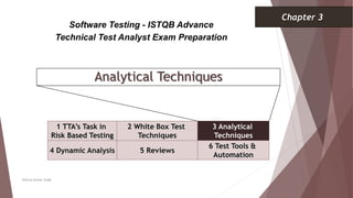Analytical Techniques
1 TTA’s Task in
Risk Based Testing
2 White Box Test
Techniques
3 Analytical
Techniques
Software Testing - ISTQB Advance
Technical Test Analyst Exam Preparation
Chapter 3
Neeraj Kumar Singh
4 Dynamic Analysis 5 Reviews
6 Test Tools &
Automation
 