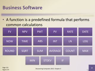Business Software
• A function is a predefined formula that performs
common calculations
Discovering Computers 2012: Chapter 3
14Page 152
Figure 3-9
FV NPV PMT PV RATE DATE
NOW TIME ABS INT LN LOG
ROUND SQRT SUM AVERAGE COUNT MAX
MIN STDEV IF
 