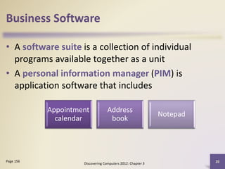 Business Software
• A software suite is a collection of individual
programs available together as a unit
• A personal information manager (PIM) is
application software that includes
Discovering Computers 2012: Chapter 3
20Page 156
Appointment
calendar
Address
book
Notepad
 