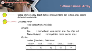 1-Dimensional Array
Setiap elemen array dapat diakses melalui indeks dan indeks array secara
default dimulai dari 0.
Deklarasi Array
Tipe Data [] Nama Variabel;
dimana :
tipe = menyatakan jenis elemen array (ex. char, int)
Nama Variabel = menyatakan nama elemen array
Contoh :
double [] numbers; //deklarasi
 
