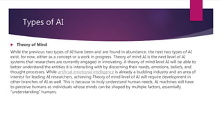 Types of AI
 Theory of Mind
While the previous two types of AI have been and are found in abundance, the next two types o...