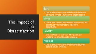 The Impact of
Job
Dissatisfaction
Exit
• Dissatisfaction expressed through behavior
directed toward leaving the organization.
Voice
• Dissatisfaction expressed through active and
constructive attempts to improve
conditions.
Loyalty
• Dissatisfaction expressed by passively
waiting for conditions to improve.
Neglect
• Dissatisfaction expressed throughallowing
conditions to worsen.
 