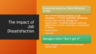 The Impact of
Job
Dissatisfaction
Counterproductive Work Behavior
(CWB)
• Also termed deviant behavior in the
workplace, or simply employee withdrawal.
• Actions that actively damage the
organization, including stealing, behaving
aggressively toward coworkers, or being late
or absent.
• Absenteeism
• Turnover
Managers often “Don’t get it”
• Most managers overestimate employee
satisfaction.
 