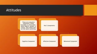 Attitudes
These are evaluative
statements—either
favorable or unfavorable—
about objects, people, or
events. They reflect how
we feel about something.
Has 3 components:
Cognitive Component Affective Component Behavioral Component
 