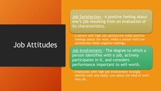 Job Attitudes
Job Satisfaction - A positive feeling about
one’s job resulting from an evaluation of
its characteristics.
• A person with high job satisfaction holds positive
feelings about the work, while a person with low
satisfaction holds negative feelings.
Job Involvement - The degree to which a
person identifies with a job, actively
participates in it, and considers
performance important to self-worth.
• Employees with high job involvement strongly
identify with and really care about the kind of work
they do.
 