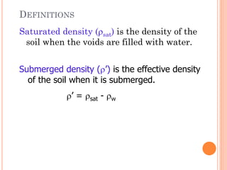 DEFINITIONS
Saturated density (sat) is the density of the
soil when the voids are filled with water.
15
Submerged density (’) is the effective density
of the soil when it is submerged.
’ = sat - w
 