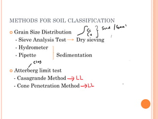 METHODS FOR SOIL CLASSIFICATION
 Grain Size Distribution
- Sieve Analysis Test Dry sieving
- Hydrometer
- Pipette Sedimentation
 Atterberg limit test
- Casagrande Method
- Cone Penetration Method
 