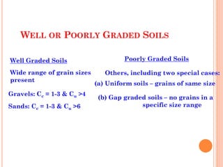 WELL OR POORLY GRADED SOILS
39
Well Graded Soils Poorly Graded Soils
Wide range of grain sizes
present
Gravels: Cc = 1-3 & Cu >4
Sands: Cc = 1-3 & Cu >6
Others, including two special cases:
(a) Uniform soils – grains of same size
(b) Gap graded soils – no grains in a
specific size range
 