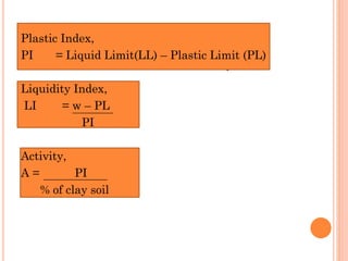 Plastic Index,
PI = Liquid Limit(LL) – Plastic Limit (PL)
Liquidity Index,
LI = w – PL
PI
Activity,
A = PI
% of clay soil
 