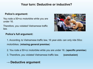 Your turn: Deductive or inductive?
→ Deductive argument
1. According to Vietnamese traffic law, 16 year-olds can only ride 50cc
motorbikes. (missing general premise)
2. You rode a 50+cc motorbike while you are under 16. (specific premise)
3. Therefore, you violated Vietnamese traffic law. (conclusion)
Police’s full argument:
Police’s argument:
You rode a 50+cc motorbike while you are
under 16.
Therefore, you violated Vietnamese traffic
law.
 