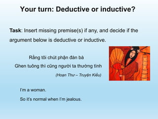 Your turn: Deductive or inductive?
Rằng tôi chút phận đàn bà
Ghen tuông thì cũng người ta thường tình
Task: Insert missing premise(s) if any, and decide if the
argument below is deductive or inductive.
(Hoạn Thư – Truyện Kiều)
I’m a woman.
So it’s normal when I’m jealous.
 