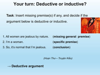 Your turn: Deductive or inductive?
1. All women are jealous by nature. (missing general premise)
2. I’m a woman. (specific premise)
3. So, it’s normal that I’m jealous. (conclusion)
Task: Insert missing premise(s) if any, and decide if the
argument below is deductive or inductive.
(Hoạn Thư – Truyện Kiều)
→ Deductive argument
 