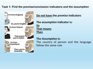 Task 1: Find the premise/conclusion indicators and the assumption
Do not have the premise indicators
The assumption indicator is:
So
That means
Then
The Assumption is:
The country of person and the language
follow the same rule
 