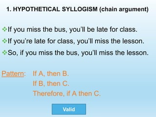 1. HYPOTHETICAL SYLLOGISM (chain argument)
If you miss the bus, you’ll be late for class.
If you’re late for class, you’ll miss the lesson.
So, if you miss the bus, you’ll miss the lesson.
Pattern: If A, then B.
If B, then C.
Therefore, if A then C.
Valid
 