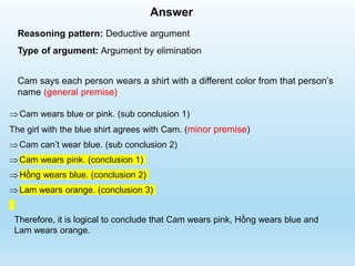 Answer
Reasoning pattern: Deductive argument
Type of argument: Argument by elimination
Cam says each person wears a shirt with a different color from that person’s
name (general premise)
Cam wears blue or pink. (sub conclusion 1)
The girl with the blue shirt agrees with Cam. (minor premise)
Cam can’t wear blue. (sub conclusion 2)
Cam wears pink. (conclusion 1)
Hồng wears blue. (conclusion 2)
Lam wears orange. (conclusion 3)
Therefore, it is logical to conclude that Cam wears pink, Hồng wears blue and
Lam wears orange.
 