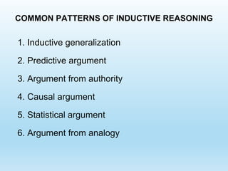 COMMON PATTERNS OF INDUCTIVE REASONING
1. Inductive generalization
2. Predictive argument
3. Argument from authority
4. Causal argument
5. Statistical argument
6. Argument from analogy
 