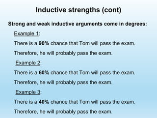 Strong and weak inductive arguments come in degrees:
Example 1:
There is a 90% chance that Tom will pass the exam.
Therefore, he will probably pass the exam.
Example 2:
There is a 60% chance that Tom will pass the exam.
Therefore, he will probably pass the exam.
Example 3:
There is a 40% chance that Tom will pass the exam.
Therefore, he will probably pass the exam.
Inductive strengths (cont)
 