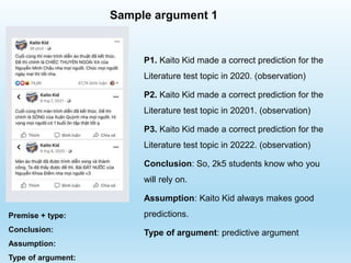Premise + type:
Conclusion:
Assumption:
Type of argument:
Sample argument 1
P1. Kaito Kid made a correct prediction for the
Literature test topic in 2020. (observation)
P2. Kaito Kid made a correct prediction for the
Literature test topic in 20201. (observation)
P3. Kaito Kid made a correct prediction for the
Literature test topic in 20222. (observation)
Conclusion: So, 2k5 students know who you
will rely on.
Assumption: Kaito Kid always makes good
predictions.
Type of argument: predictive argument
 