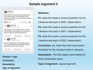Premise + type:
Conclusion:
Assumption:
Type of argument:
Sample argument 2
Nettizens:
P1. Kaito Kid made a correct prediction for the
Literature test topic in 2020. (observation)
P2. Kaito Kid made a correct prediction for the
Literature test topic in 2021. (observation)
P3. Kaito Kid made a correct prediction for the
Literature test topic in 2022. (observation)
Conclusion: So, Kaito Kid must have known
the topics for the Literature tests in advance.
Assumption: The test papers were leaked for
three consecutive years.
Type of argument: causal argument
 