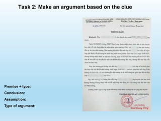Premise + type:
Conclusion:
Assumption:
Type of argument:
Task 2: Make an argument based on the clue
 