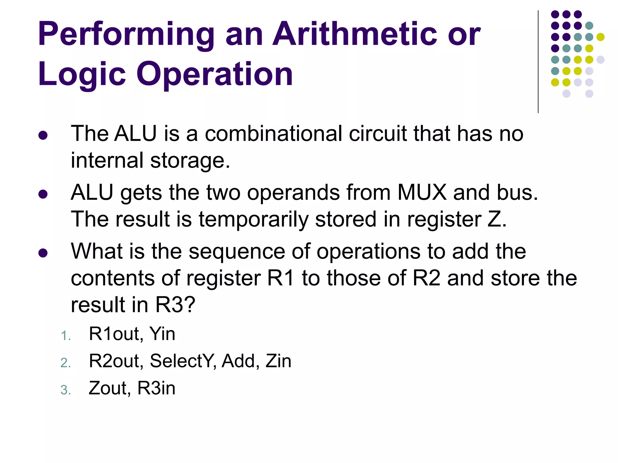 Performing an Arithmetic or Logic Operation  The ALU is a combinational circuit that has no internal storage.  ALU gets the two operands from MUX and bus. The result is temporarily stored in register Z.  What is the sequence of operations to add the contents of register R1 to those of R2 and store the result in R3? 1. R1out, Yin 2. R2out, SelectY, Add, Zin 3. Zout, R3in 