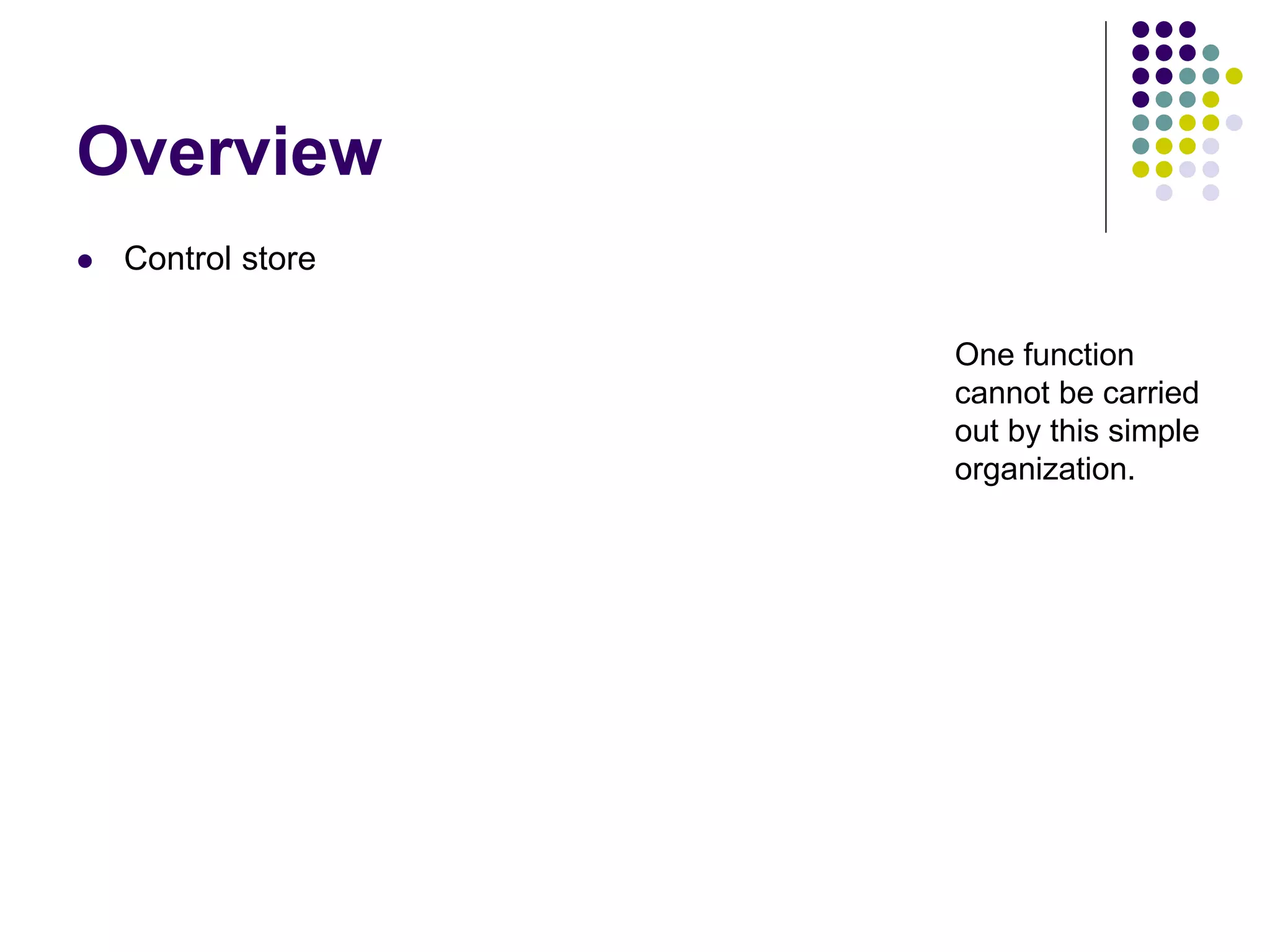 Overview  Control store Figure 7.16. Basic organization of a microprogrammed control unit. store Control generator Starting address CW Clock PC IR One function cannot be carried out by this simple organization. 