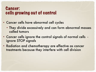 • Cancer cells have abnormal cell cycles
• They divide excessively and can form abnormal masses
called tumors
• Cancer cells ignore the control signals of normal cells -
ignore STOP signals
• Radiation and chemotherapy are effective as cancer
treatments because they interfere with cell division
Cancer:  
cells growing out of control
 
