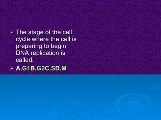 The stage of the cell cycle where the cell is preparing to begin DNA replication is called:  A. G1 B. G2 C. S D. M 