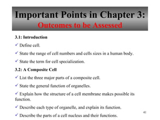 Important Points in Chapter 3: Outcomes to be Assessed 3.1: Introduction Define cell. State the range of cell numbers and cells sizes in a human body. State the term for cell specialization. 3.2: A Composite Cell List the three major parts of a composite cell. State the general function of organelles. Explain how the structure of a cell membrane makes possible its function. Describe each type of organelle, and explain its function. Describe the parts of a cell nucleus and their functions. 