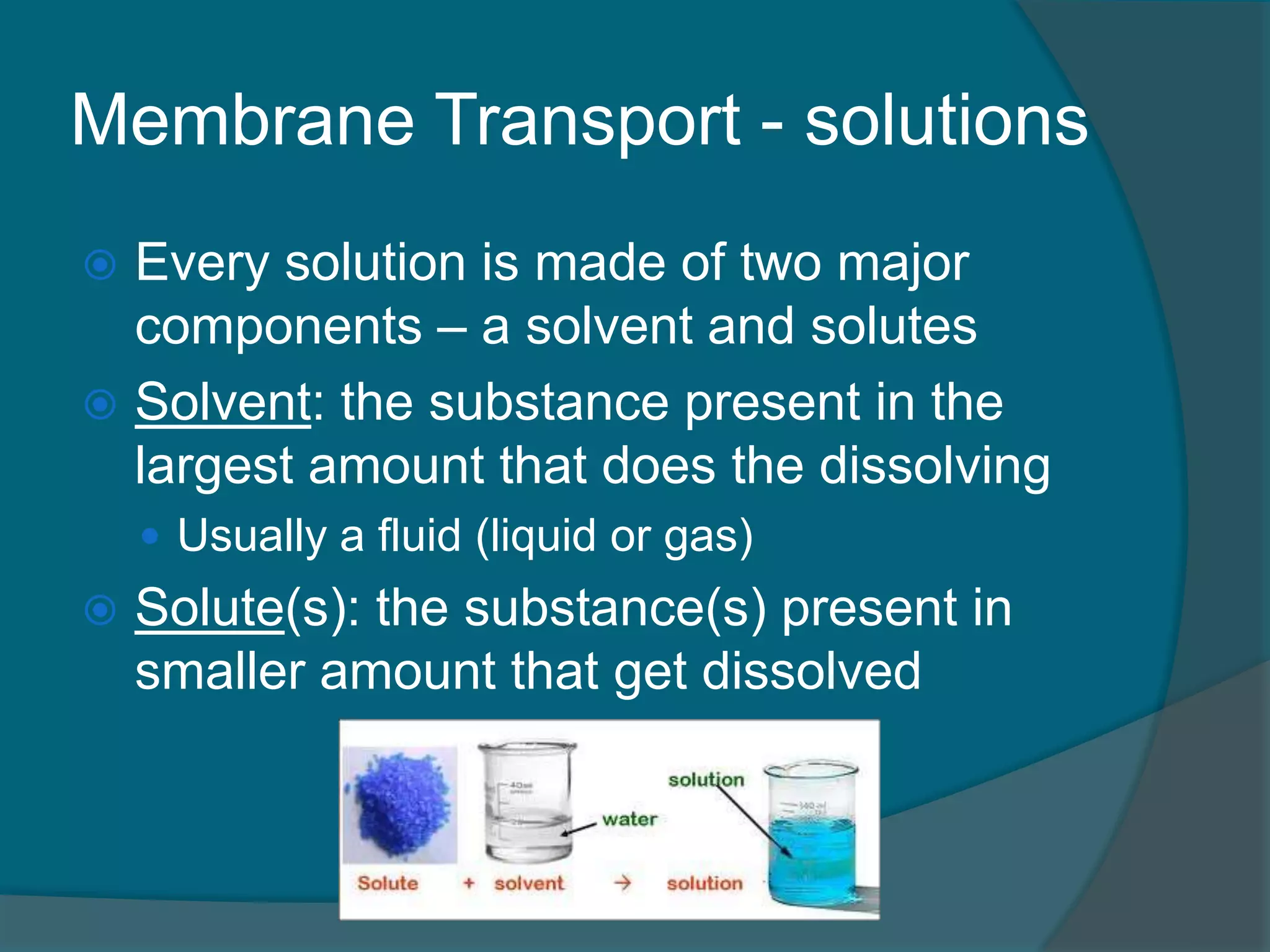 Membrane Transport - solutions
 Every solution is made of two major
components – a solvent and solutes
 Solvent: the substance present in the
largest amount that does the dissolving
 Usually a fluid (liquid or gas)
 Solute(s): the substance(s) present in
smaller amount that get dissolved
 