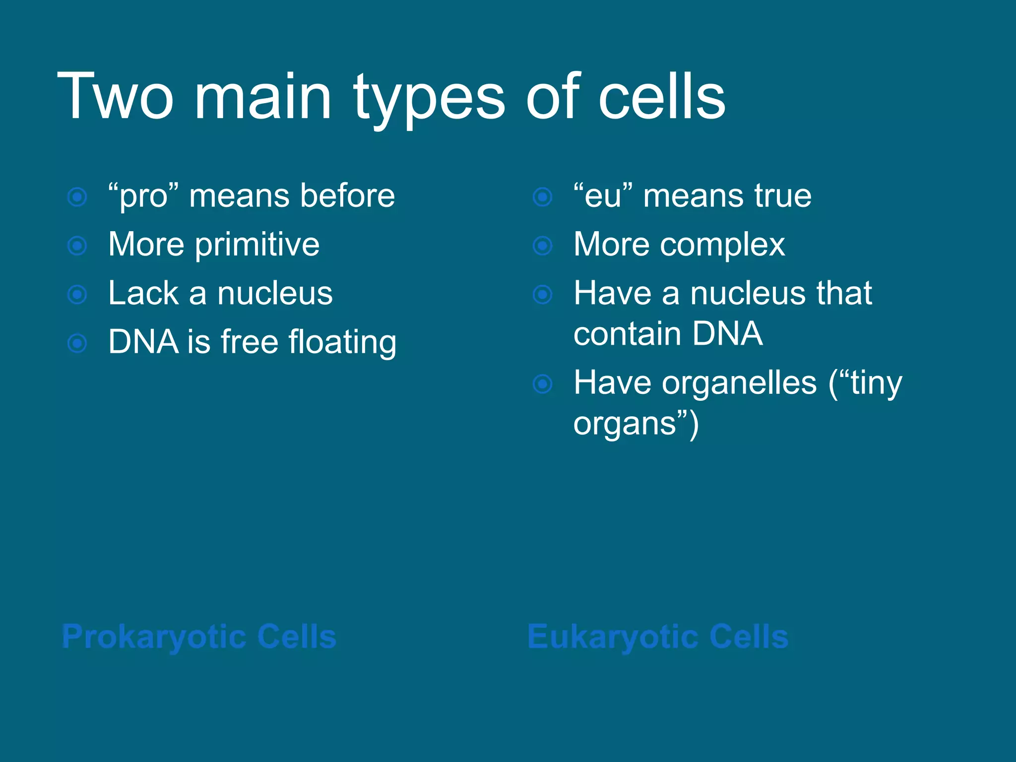 Two main types of cells
Prokaryotic Cells Eukaryotic Cells
 “pro” means before
 More primitive
 Lack a nucleus
 DNA is free floating
 “eu” means true
 More complex
 Have a nucleus that
contain DNA
 Have organelles (“tiny
organs”)
 