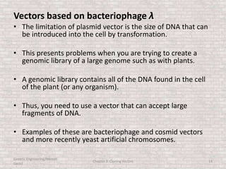 Vectors based on bacteriophage λ
• The limitation of plasmid vector is the size of DNA that can
be introduced into the cell by transformation.
• This presents problems when you are trying to create a
genomic library of a large genome such as with plants.
• A genomic library contains all of the DNA found in the cell
of the plant (or any organism).
• Thus, you need to use a vector that can accept large
fragments of DNA.
• Examples of these are bacteriophage and cosmid vectors
and more recently yeast artificial chromosomes.
Genetic Engineering/Hikmet
Geckil
Chapter 3: Cloning Vectors 14
 