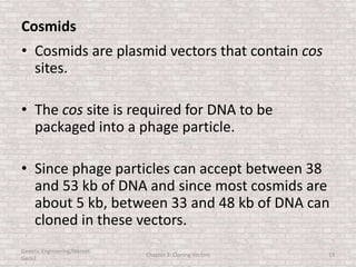 Cosmids
• Cosmids are plasmid vectors that contain cos
sites.
• The cos site is required for DNA to be
packaged into a phage particle.
• Since phage particles can accept between 38
and 53 kb of DNA and since most cosmids are
about 5 kb, between 33 and 48 kb of DNA can
cloned in these vectors.
Genetic Engineering/Hikmet
Geckil
Chapter 3: Cloning Vectors 19
 