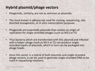 Hybrid plasmid/phage vectors
• Phagemids, similarly, are not as common as plasmids.
• The most known is pBluescript used for cloning, sequencing, site-
directed mutagenesis, or in vitro transcription purposes.
• Phagemids are essentially plasmids that contain an origin of
replication for single-stranded phages (such as M13 or f1)
• Thus bacteria which are transformed with this plasmid and infected
with a helper phage (such as M13 or f1) can produce single-
stranded copies of plasmids, which in turn can be packaged into
phage heads.
• Since this vector is a hybrid of both plasmids and single-stranded
phage vectors, it can be used to generate single-stranded DNA to be
used in sequencing reactions.
Genetic Engineering/Hikmet
Geckil
Chapter 3: Cloning Vectors 20
 